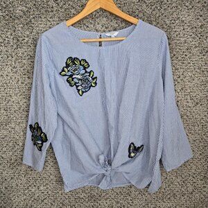 Crown &‎ Ivy Top Womens XL Blue Striped Embroidered Waist Tie Blouse Ladies